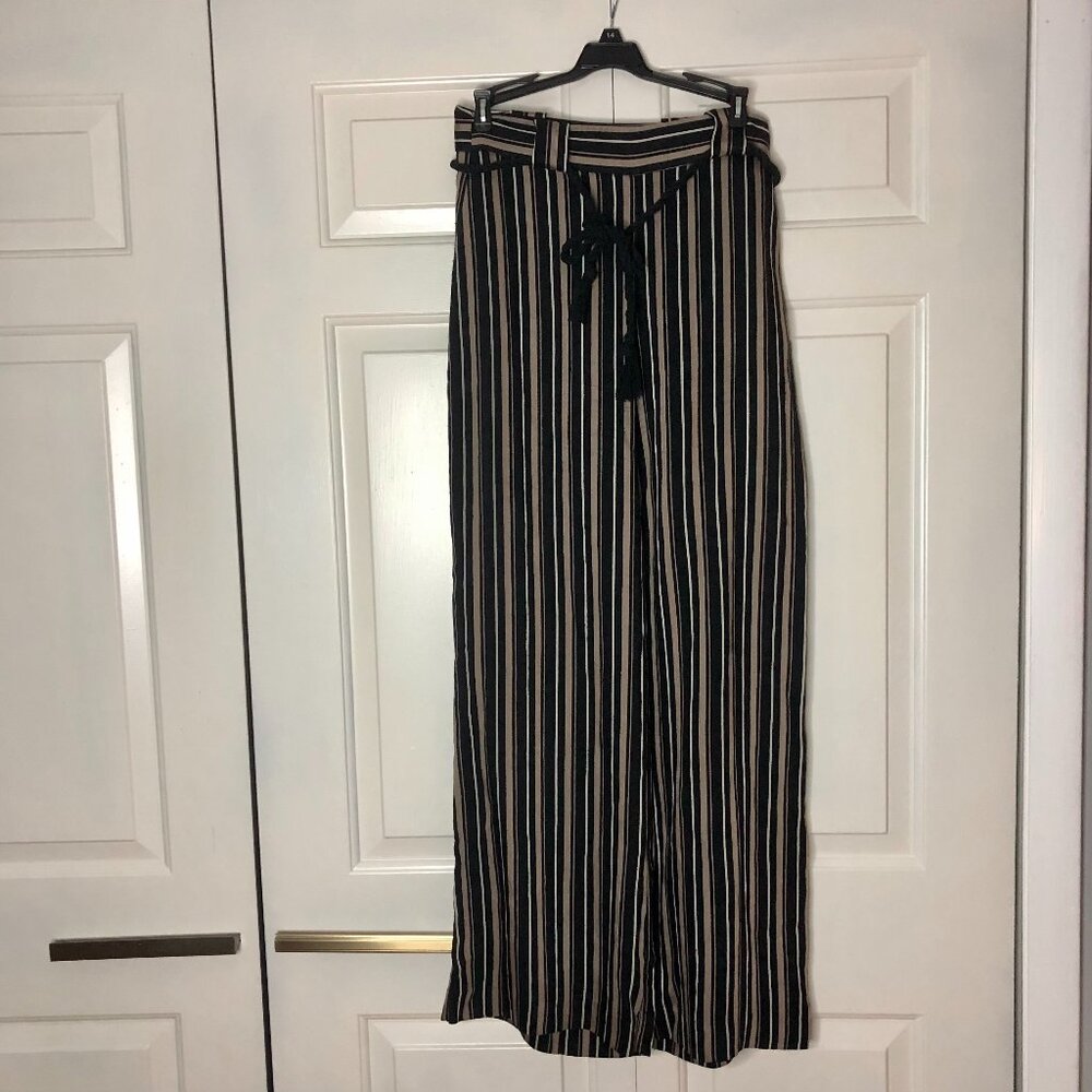 H&M Black & Beige Striped Wide-Leg Pants Rope Tie | Size 6
